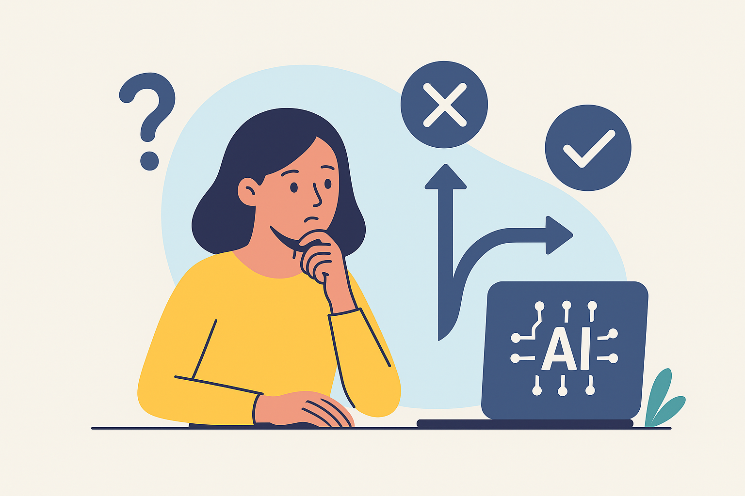 an AI generated image with a clipart style of a girl thinking with her laptop in front of her and surrounded by x's, checks, and two arrows going two directions.